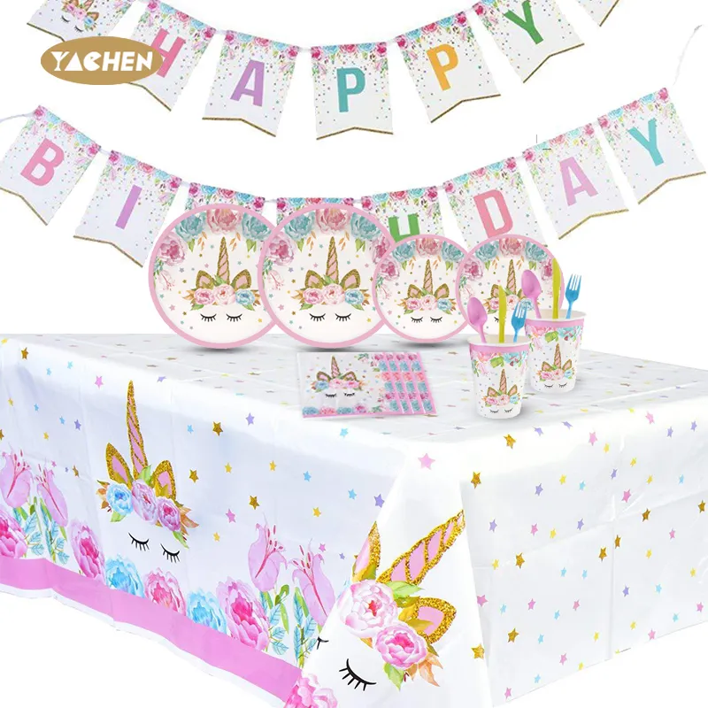 YACHEN 114pcs Unicorn Themed Party Supplies Kids Birthday Party Tableware Table Decorations Paper Tableware set