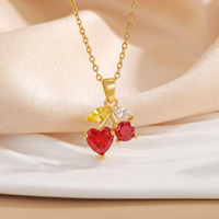 Kalung Liontin Buah Ceri Baja Anti Karat Lapis Emas 18K, Rantai Klavikula Bunga Temperamen Trendi, Perhiasan Zirkon Tahan Air