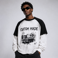 T-shirt homme personnalisé à impression DTG, coupe ample, effet vieilli, délavé à l'acide, double couche, manches longues raglan