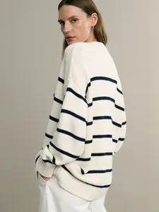 <span class=keywords><strong>Cardigan</strong></span> Casual Feminino Blubelle 100% Algodão Tricotado com Decote em V Listrado Moda Outono Inverno Respirável Longo Solto - Product Image 6