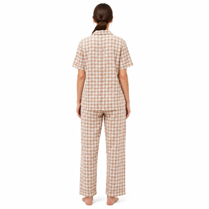 <b>Women</b> Brown Plaid <b>Pajama</b> Set Short Sleeve Button Up Top Matching Long Pants Two <b>Piece</b> Sleepwear Loungewear Nightwear Set - Product Image 2