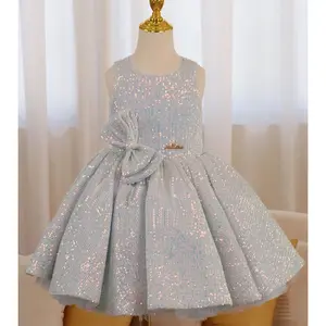 boutique bow knot luxury sequined kid birthday wedding gown sleeveless frock design girls party dress for 2 12 years old child