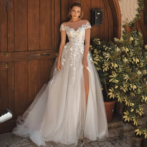 Nuovo Design <span class=keywords><strong>Abito</strong></span> da Sposa Vintage con Collo Trasparente, Maniche Corte a Cappuccio, Spacco Laterale, Elegante <span class=keywords><strong>Abito</strong></span> Nuziale Bohémien con Effetto Illusione - Product Image 3