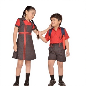 Uniforme Escolar Unisex, Vestido a Cuadros Rojo con Pantalones Cortos para Niños, Tela Tejida de Poliéster/Algodón - Product Image 1