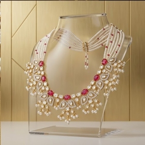 Juego de Collar de Plata 925 de Lujo para Mujer con Piedras Rojas, Perlas Blancas y Trabajo Kundan, Joyería Nupcial India Tradicional con Aretes - Product Image 5