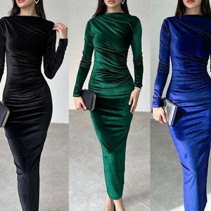 เดรสแฟชั่นผู้หญิงคอลเลคชั่นใหม่ประจำฤดูใบไม้ร่วง/ฤดูหนาว ทรงเข้ารูป คอทรงกลม แขนยาว สีพื้น แต่งจีบ - Product Image 4