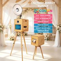 Kiosque photo en bois avec écran tactile 15,6 pouces, compatible appareil photo reflex numérique et imprimante, idéal pour la location lors de mariages, fêtes et événements