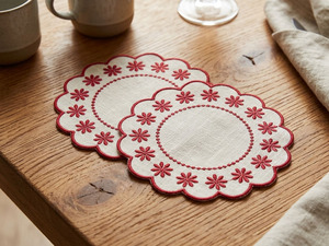 Customized Modern Handmade Cotton Embroidered <b>Square</b> <b>Placemat</b> Scallop Edges Burgundy Floral Design for Wedding Table Decoration - Product Image 6
