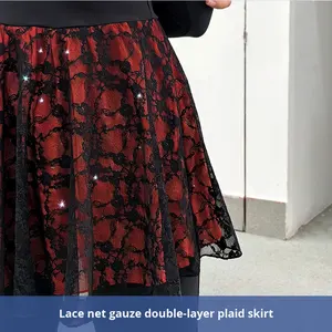 Robe de patinage artistique pour filles <span class=keywords><strong>LA</strong></span> CICOGNA pour l'entraînement printemps-été, double jupe, maille, dentelle, col diamant, nouveaux uniformes de cheerleading - Product Image 5