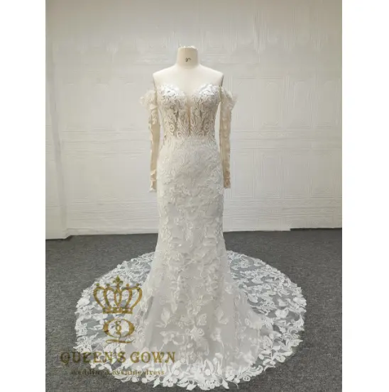 QUEENS GOWN New style sexy deep v-neck mermaid bridal dress off shoulder straps sleeves embroider lace sequin wedding dresses