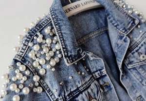 Wholesale Hiking Women's Embroidered Rivet <b>Pearl</b> Short Denim Coat <b>Pearls</b> Beading Jackets <b>Loose</b> Outerwear - Product Image 4