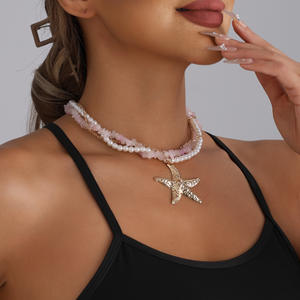 Joyería Fresh Ins Style Piedra triturada Cuarzo Rosa Estrella de mar Colgante Playa Vacaciones Collar informal - Product Image 1