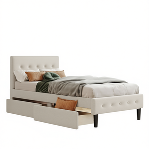 Letto a piattaforma imbottito beige e grigio con 2 cassetti, elegante mobile da camera da letto, modello D0100HPWSXU - Product Image 1