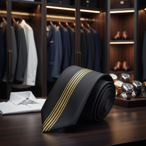 Corbata italiana de corte personalizado Exve exclusiva negra con raya central dorada de Turquía - Product Image 3