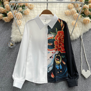 <span class=keywords><strong>Blouses</strong></span> et chemises pour femmes à manches longues en patchwork imprimé printemps automne - Product Image 3