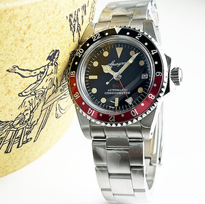 Huayra GMT kim đỏ nh34 Đồng hồ nam bằng thép không gỉ 39mm tự cuộn dây màu xanh/đỏ bezel ngày cơ 5BAR chống nước - Product Image 1