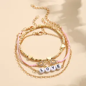 आईएनएस शैली रचनात्मक पत्र आकार प्यार चमकदार हीरा दिल कंगन गहने सेट 4in1Fashion प्यार आकार कंगन महिलाओं के लिए