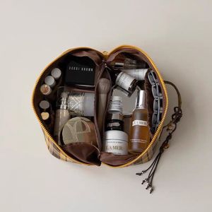 Sac cosmétique personnalisé teint en fil à motif écossais à carreaux sacs à fermeture éclair de maquillage en coton de grande capacité pour les femmes voyage - Product Image 2