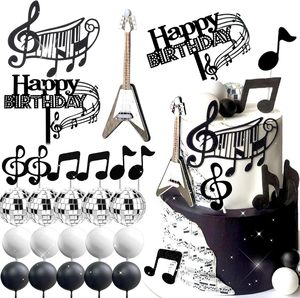 Ensemble de décorations de gâteau sur le thème de la musique monochrome avec notes, touches de piano et boules pour les fêtes d'<span class=keywords><strong>anniversaire</strong></span> sur le thème du rock and roll - Product Image 3