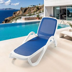 Chaise longue en plastique et résille, bleu roi et blanc, inclinable manuellement, pour piscine, jardin et plage - Product Image 2