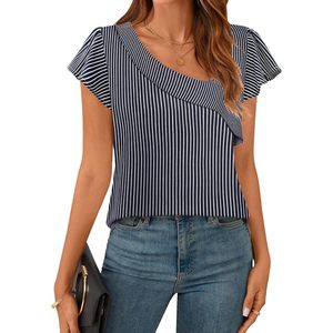 Blusa Asimétrica con Cuello en V para Mujer, Manga Corta, con Volantes, a Rayas, Informal, para el Trabajo, de Verano, de Popelina Transpirable - Product Image 1