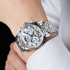 Montre chronographe automatique à six aiguilles avec phase de lune, engrenages bleus creux, tourbillon, montre mécanique pour homme, collection - Product Image 3