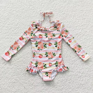 Traje de baño de una pieza con volantes y estampado floral de melocotón de manga larga para bebés y niñas pequeñas - Product Image 1