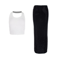 Conjunto de 2 Piezas para Adolescentes con Pedrería Brillante, Top Corto Halter y Falda Maxi, para Baile y Fiestas, Negro y Blanco, con Relleno