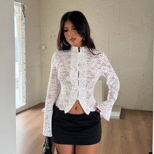 Top de manga larga con cuello alto y encaje Pankou, con abertura transparente, estilo chino, sexy, ajustado y favorecedor. - Product Image 4