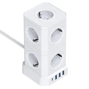 Kubus Soket Strip Daya 13 In 1 dengan 10 Arah, 3 USB A dan USB C, Perlindungan Lonjakan (4000W/16 A), Menara Soket dengan Sakelar