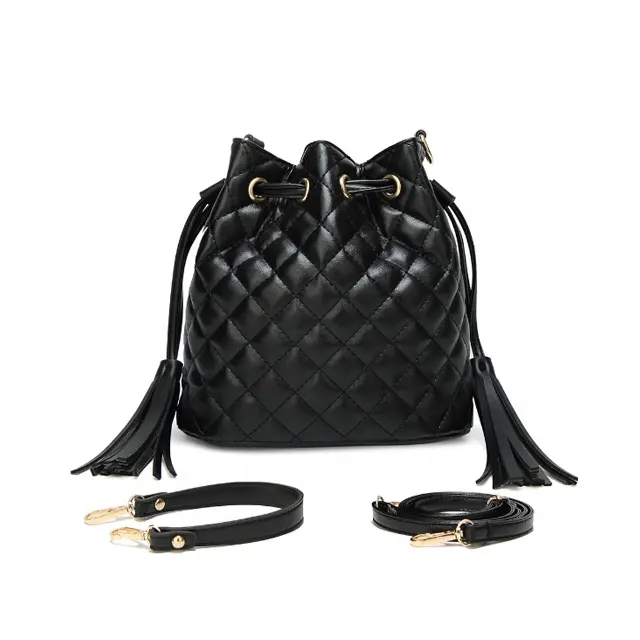 Latest lady quilted handbag black leather women bucket bag