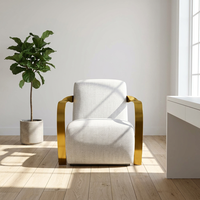 Fauteuil d'appoint moderne de luxe léger, écologique et durable, avec accoudoirs en métal doré en forme de U, tissu gris, pour salon, chambre, appartement, hôtel