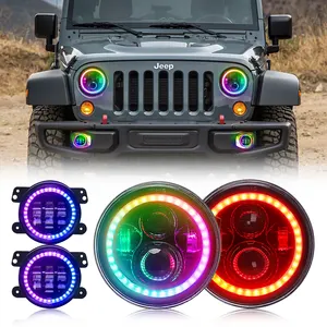 jeep halo faros de cambio de color Suppliers-Cambio de Color Halo faros LED 7 "4 pulgadas faros antiniebla RGB Combo para Jeep Wrangler JK