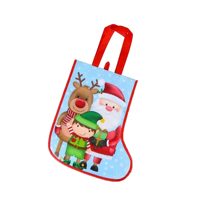 Promotional recycle xmas gift cartoon pattern non woven bag special socks style gift package Christmas gift bag