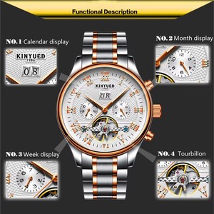 Montre mécanique pour homme KINYUED, étanche 3 ATM, bracelet en acier inoxydable, design double fermoir papillon, calendrier complet, vente en gros - Product Image 2