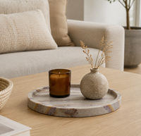Plateau rond en marbre taupe WeiVibe, pierre naturelle grise veinée, organiseur de vanité, plateau à bijoux pour hôtel, salon, table