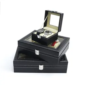 صندوق عرض للساعات باللون الأسود وهو عبارة عن صندوق فاخر مستطيل متين من الجلد لساعات به 6 فتحات