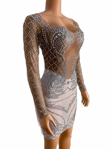 AD1350 Kimshein Abito <span class=keywords><strong>da</strong></span> Donna Corto Sensuale a Maniche Lunghe Mini Trasparente in Rete Argento con Diamanti per Serate ed Eventi - Product Image 4
