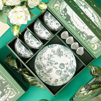 Ensemble de vaisselle en céramique vert clair de nouveau design de luxe napperon imperméable à fleurs assiette/plat/bol à manger dîner alimentaire durable