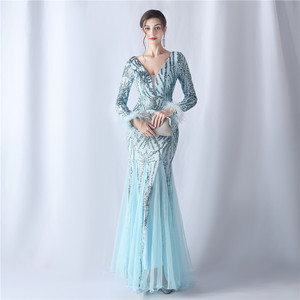 Strich Feathers <span class=keywords><strong>Net</strong></span> Weave đính cườm Gown sequined Evening DRESS A-line với V cổ và beading eo tự nhiên thanh lịch lãng mạn gowns - Product Image 4