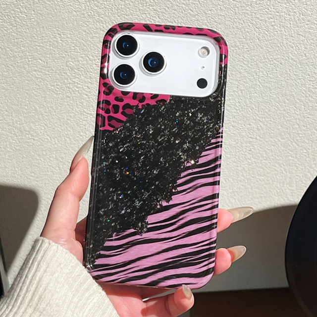 Stylish Glitter Sexy Rose Black Splice Leopard Print Phone Case for iPhone 17 16 15 14 Pro Max Shockproof IMD Hard Back Cover