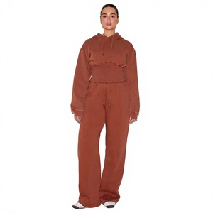 <b>Women's</b> Rust Hooded Cropped Sweatshirt <b>Set</b> Full Sleeve Loose Fit Casual 2-Piece Outfit With Ruffles Knitted Cotton Pants - Product Image 1