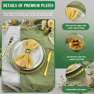 13 Inch <b>Clear</b> Plate Wedding Birthday Party Decorations Supplies <b>Rose</b> Gold Beaded Trim Round Plastic Charger Plates - Product Image 3