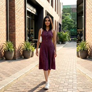 Wine Cotton Denim Midi Dress With <b>Polo</b> <b>Neck</b> Sleeveless For Women Featuring Lightweight Fabric Modern Style Comfortable Fit - Product Image 1