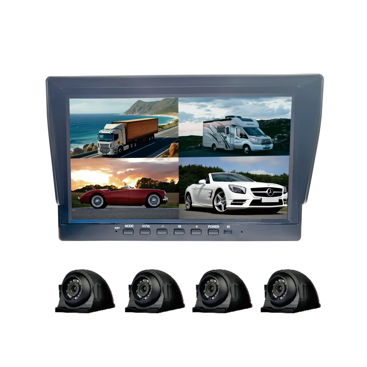 Layar empat HD 7 inci, kamera dengan penglihatan malam 1080P atau 720P, sistem kamera dasbor samping tahan air untuk bus perjalanan dan bus sekolah