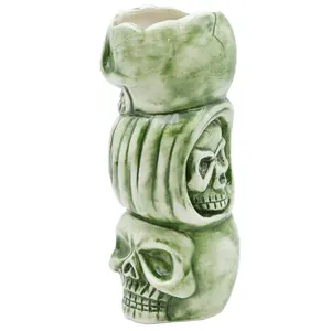 Custom Wholesale High Quality Handmade Halloween Style Glazed Moss Green Ceramic 3 Stacked Skull Heads Tiki Mug