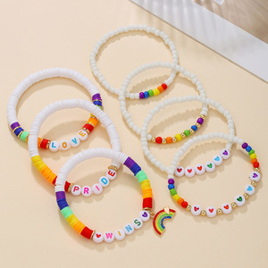 Colorful Rice Bead Heart <b>Bracelet</b> Set Rainbow Alloy Pendant Simple <b>Beaded</b> Jewelry for Women - Product Image 2