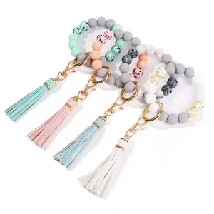 High Quality Elastic Silicone Bracelet Wooden Bead Wristlet Keychain For Women