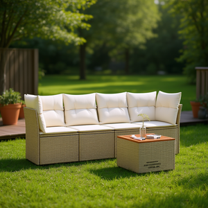 ชุดโซฟาหวายสีเบจสำหรับสวน 4 ที่นั่ง เฟอร์นิเจอร์กลางแจ้ง ทนทานต่อสภาพอากาศ ดีไซน์ร่วมสมัย - Product Image 2