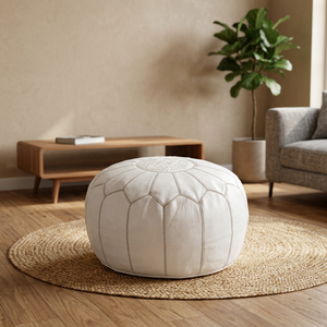 White <b>Leather</b> Pouf <b>Cover</b> Geometric Embroidery Bohemian Style Stitched Design Handmade Home Decor Drawstring Closure Customizable - Product Image 2